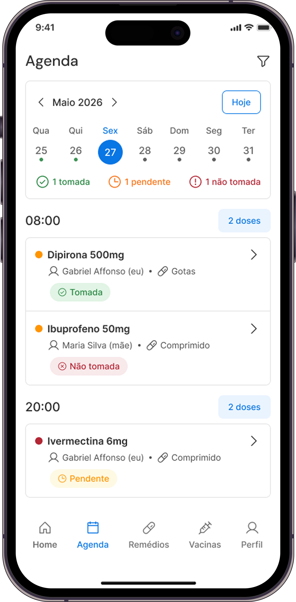 Tela do app MedCare: Agenda de doses