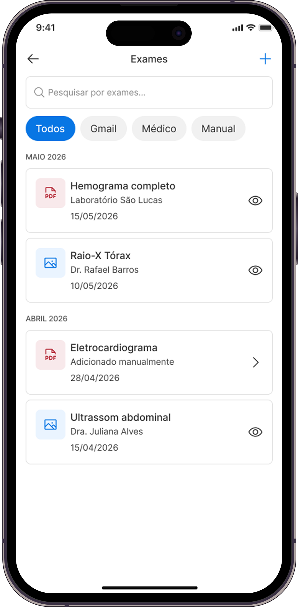Tela do app MedCare: Exames