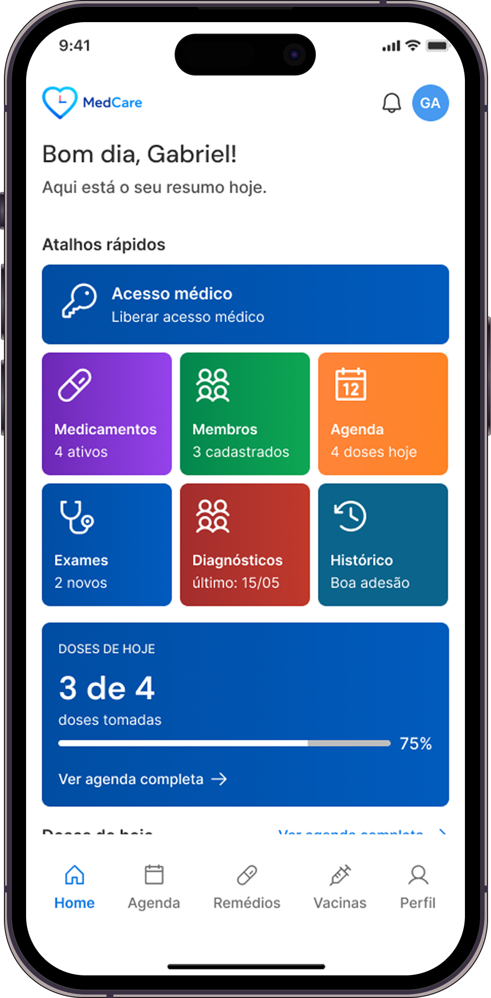 Tela do app MedCare: Home da família