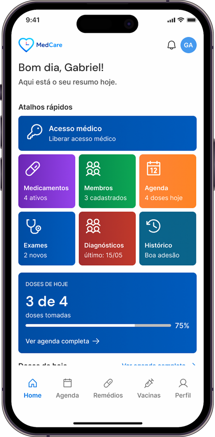 Tela inicial do app MedCare no iPhone