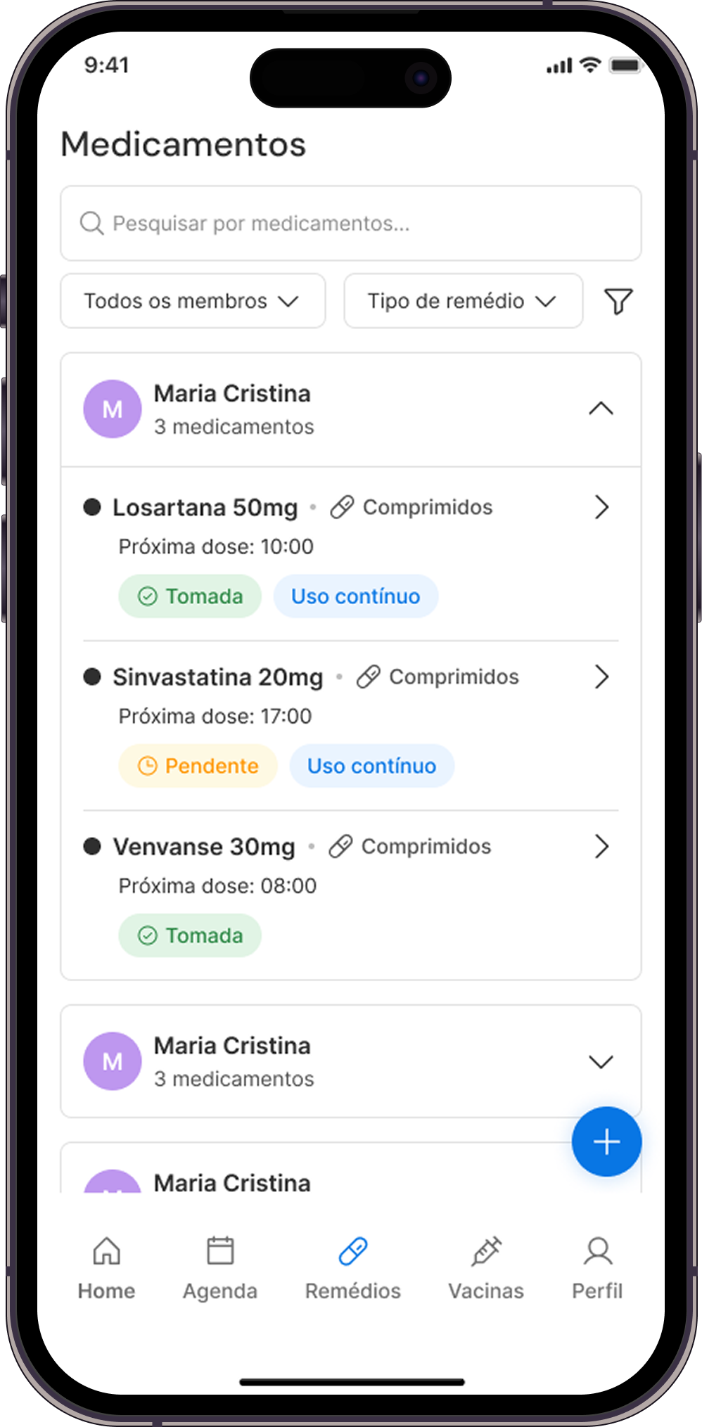 Tela do app MedCare: Medicamentos